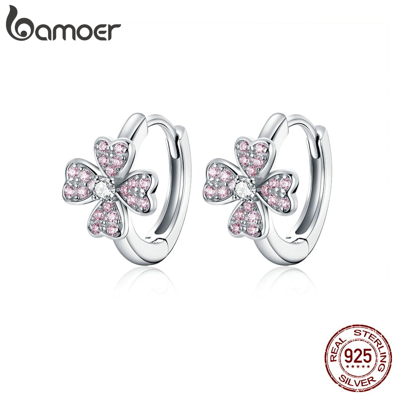 bamoer 925 Sterling Silver Dazzling Pink Flower  Ear Hoops Earrings for Women Silver 925 Jewelry CZ Weddin Brincos BSE331