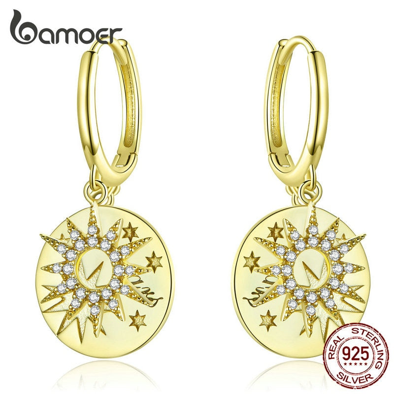 bamoer Golden Stars Round Dangle Earrings with Charm Genuine 925 Sterling Silver Wedding Statement Luxury Jewelry BSE260