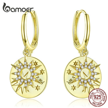 bamoer Golden Stars Round Dangle Earrings with Charm Genuine 925 Sterling Silver Wedding Statement Luxury Jewelry BSE260