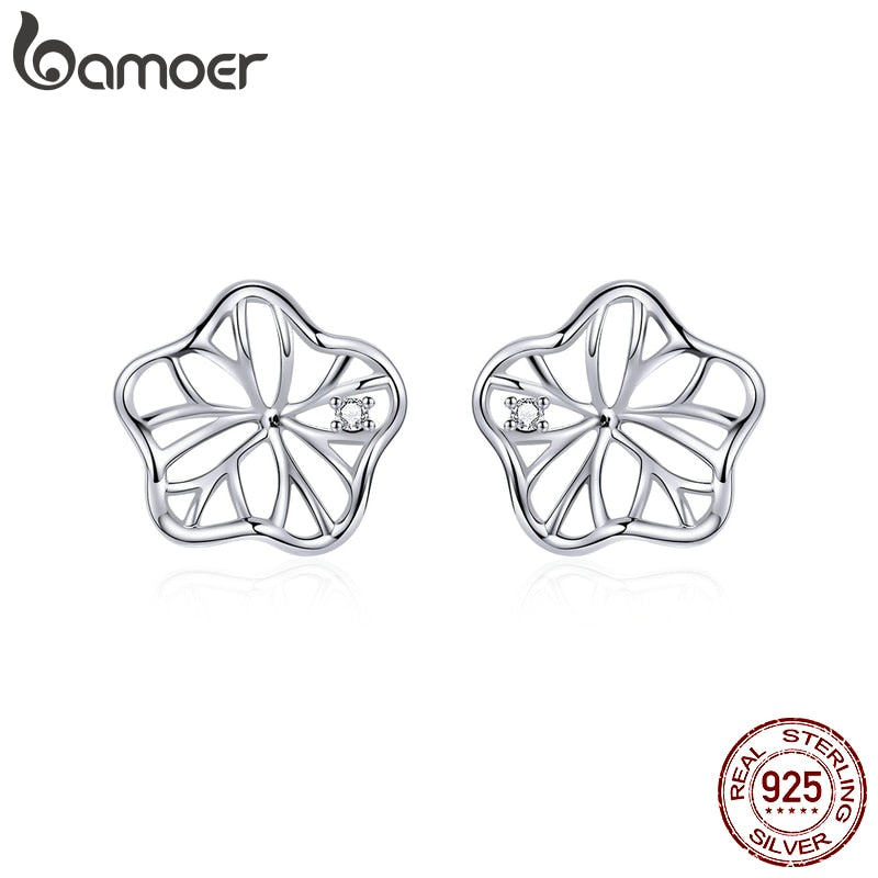 bamoer 925 Sterling Silver Openwork Lotus Leaf Stud Earrings for Women Hypoallergenic Jewelry with Silicone Earplugs BSE329