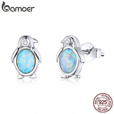 bamoer Penguin Animal Open Stud Earrings for Women 925 Sterling Silver Studs Jewelry Ear Pins Brincos 2020 New Design SCE827
