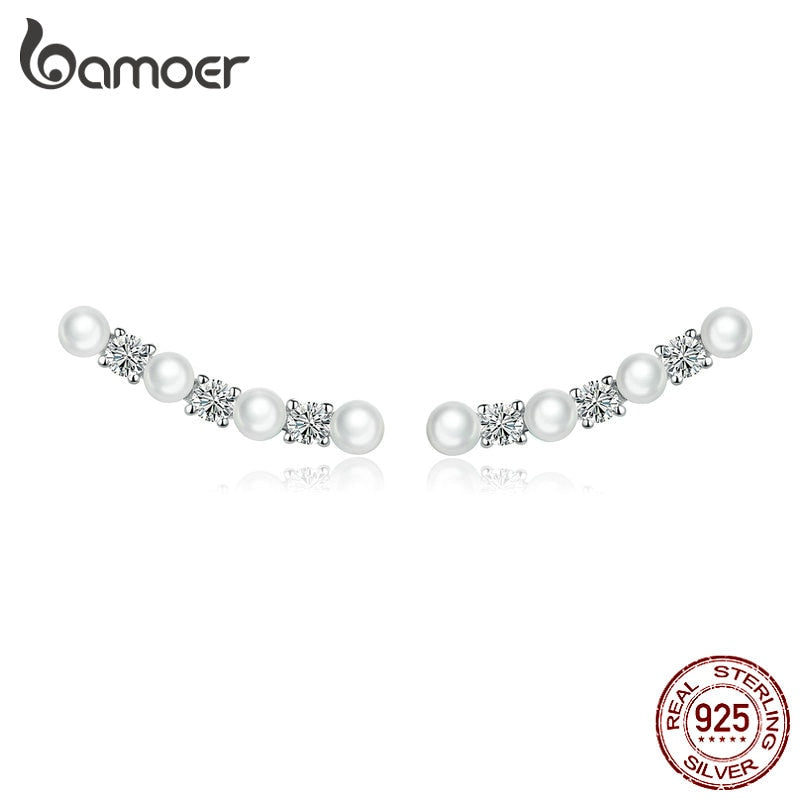 BAMOER Pearl Long Stud Earrings for Women 925 Sterling Silver Pearl Elegant Earrings Wedding Statement Fine Jewelry Gifts BSE118