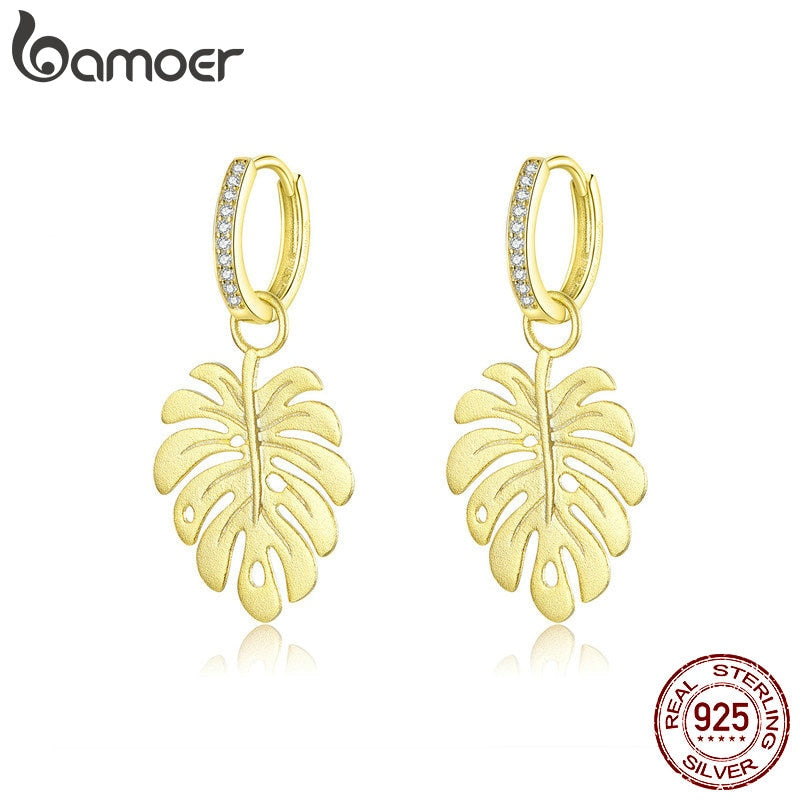 bamoer Summer Gold Color Drop Earrings Femme Bohemia Style Leaf Dangle Earring for Women Sterling Silver Luxury Jewelry BSE223