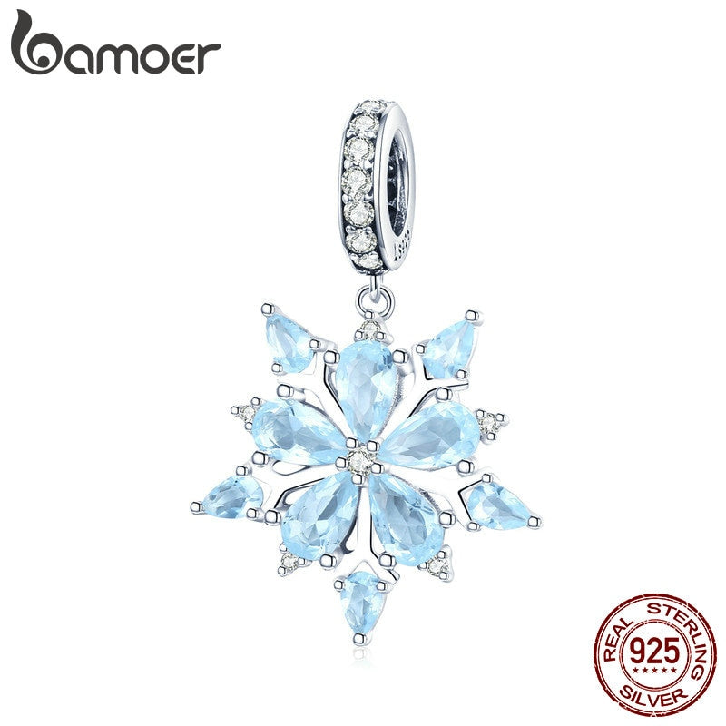 BAMOER High Quality 925 Sterling Silver Winter Snowflake Blue CZ Elegant Charms Pendant fit Necklaces Pendant Jewelry SCC940
