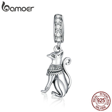 bamoer 925 Sterling Silver Egyptian Style Cat Animal Pendant Charm for Original Snake Silver Bracelet & Necklace Jewelry SCC1505