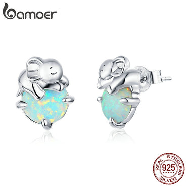 bamoer 925 Sterling Silver Elephant Opal Stud Earrings for Women Stone Ear Pins Original Design Accessories Fine Jewelry SCE895