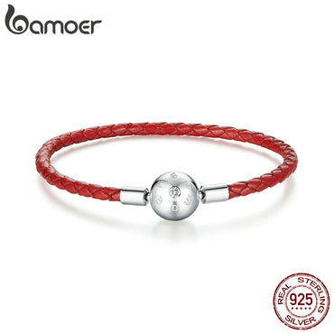 bamoer Genuine 925 Sterling Silver Red Leather Rope Charm Bracelet for Women Fit for 3mm Hole Charm Bead Jewelry BSB042