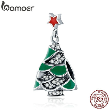 BAMOER 925 Sterling Silver Christmas Tree & Star , Clear CZ Charm Beads fit Women Bracelet Bangles Jewelry Christmas Gift SCC307