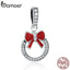 BAMOER Christmas Gift 925 Sterling Silver Christmas Wreath Red Bow Knot Pendant Charms fit Women Bracelets Fine Jewelry SCC077