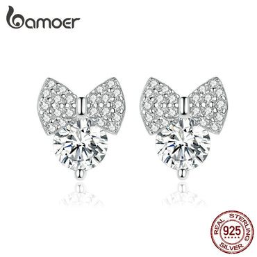 bamoer Sparkling Bowknot Clear CZ Wedding Earrings for Women Genuine 925 Sterling Silver Ear Studs Female 2019 Jewelry BSE280