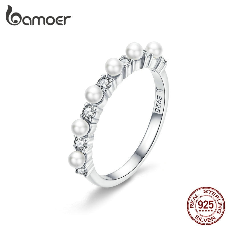 BAMOER Pearl Stackable Ring for Women White Shell Pearl Finger Rings Sterling Silver 925 Elegant Wedding Jewelry BSR039