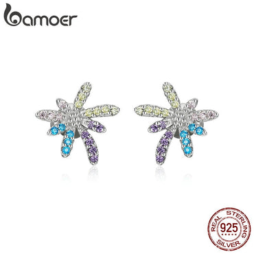 bamoer Original 925 Sterling Silver Peony Fireworks Stud Earrings for Women Japan Rainbow Color CZ Ear Studs Jewelry BSE381