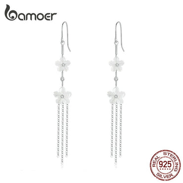 bamoer White Pure Shell Floral Long Tassel Drop Earrings for Women Genuine 925 Sterling Silver Fashion Holiday Jewelry BSE217