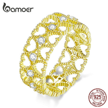 bamoer Lace Pattern Wide Finger Rings for Women 925 Sterling Silver Gold Color Heart Stackable Ring Korean Jewelry BSR057