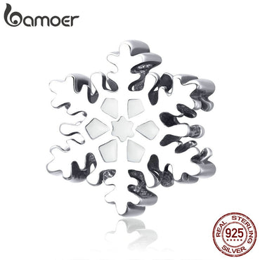 BAMOER 100% 925 Sterling Silver Winter Snowflakes Charm Beads fit Women Bracelets & Bangles DIY Jewelry Making Gift SCC1037