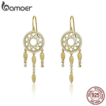 BAMOER High Quality 925 Sterling Silver Dream Catcher Gold Color Long Drop Earrings for Women Wedding Engagement Jewelry BSE044