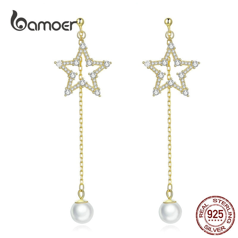bamoer Star Pearl Long Dangle Earrings for Women Sterling Silver 925 Drop Earing Gold Color Korean Fashion Jewelry BSE196
