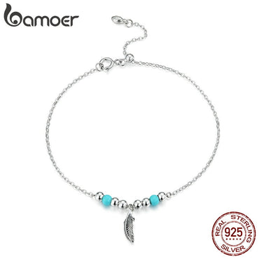 bamoer Bohemia Style Feather Silver Chain Bracelet for Women 925 Sterling Silver Jewelry Boho Style Female Accessory SCB181