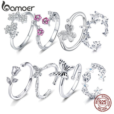BAMOER Silver Ring Spring Garden Series Flower Plant Butterfly Silver 925 Ring Adjustable Size for Women Luxury Ring Fine Jewel