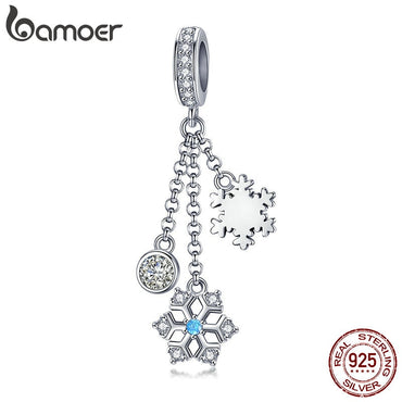 BAMOER Authentic 925 Sterling Silver Christmas Snowflake Clear CZ Charms Fit Women Charm Bracelets Bangles Jewelry Gift SCC1020