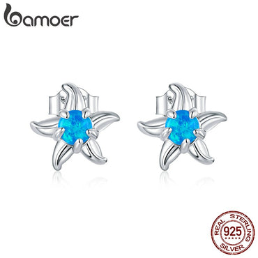 bamoer Blue Opal Starfish Stud Earrings for Women 925 Sterling Silver Girl Jewelry Gifts Platinum Plated Accessories SCE886