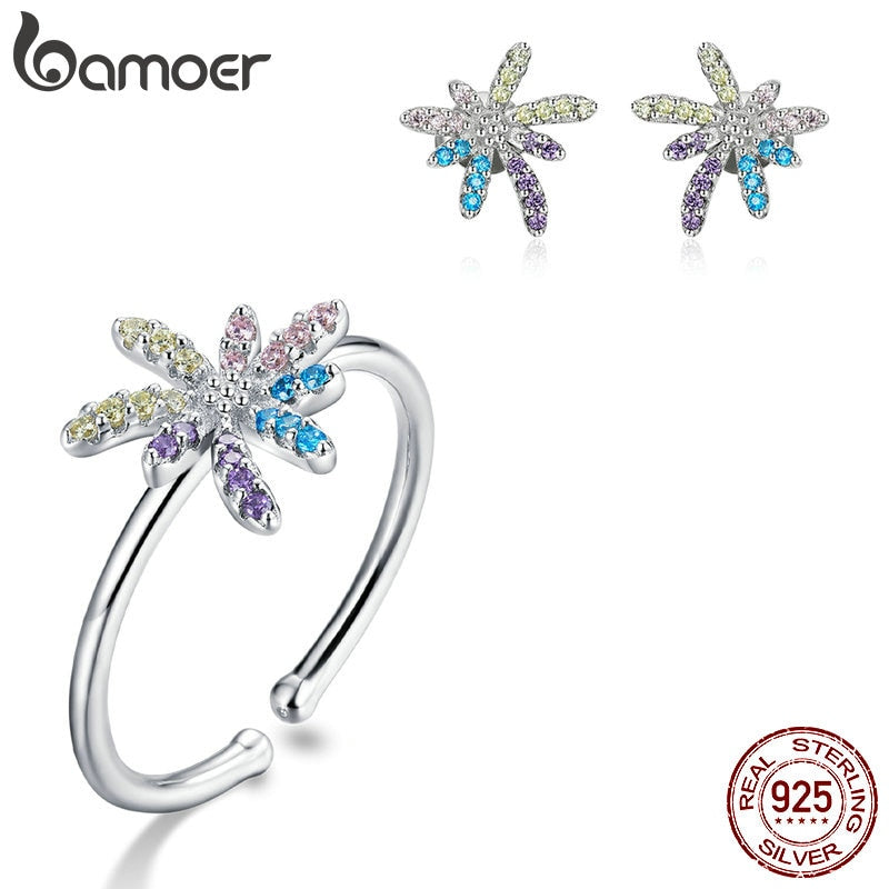 bamoer 925 Sterling Silver Colorful Peony Firework Free Size Finger Rings and Stud Earrings for Women Jewelry Sets ZHS198