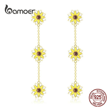 bamoer Sunflower Enamel Drop Earrings for Women Solid 925 Silver Chain with Flower Hanging Earring Female Brincos BSE187