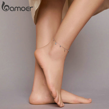 bamoer Real 925 Sterling Silver Blue Eye and Guardian Fatima Hand Silver Anklet for Women Foot Jewelry Summer Bracelet BST004