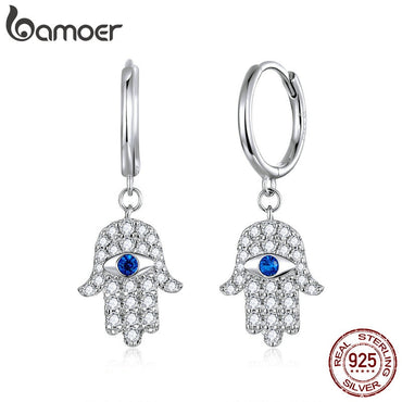 bamoer Genuine 925 Sterling Silver Fatima Hand Pendant Dangle Drop Earrings for Women Wedding Statement Jewelry Gifts BSE384