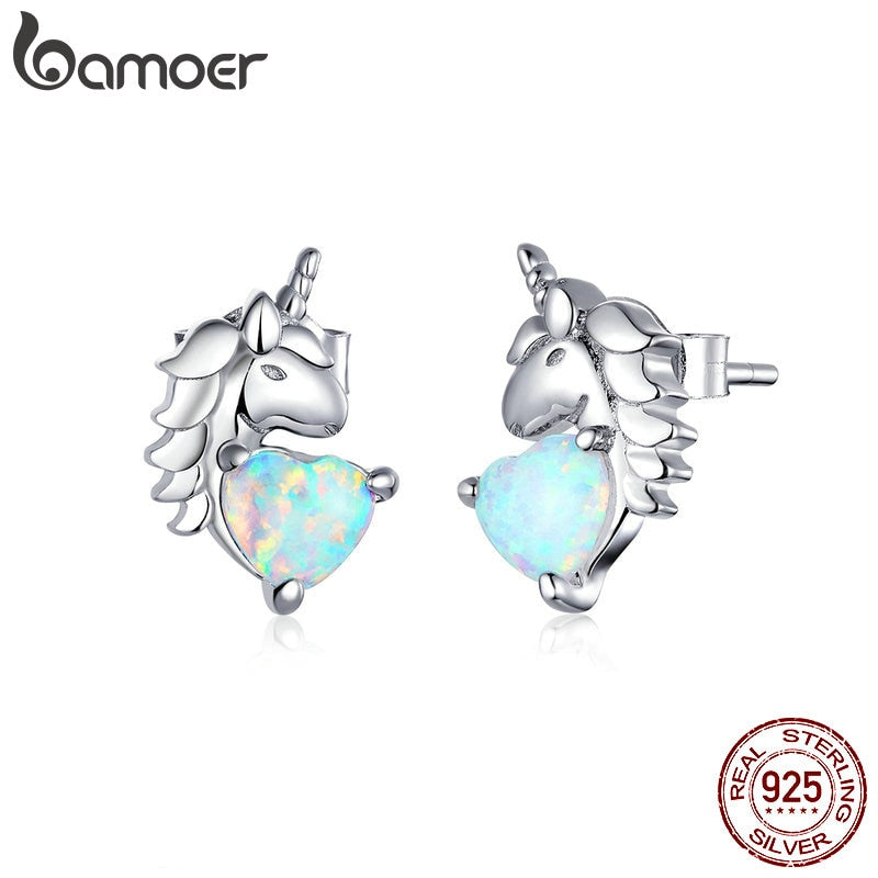 bamoer 925 Sterling Silver Licorne Stud Earrings for Women Sparkling Heart-shape White Opal Jewelry Hypoallergenic Gift SCE896