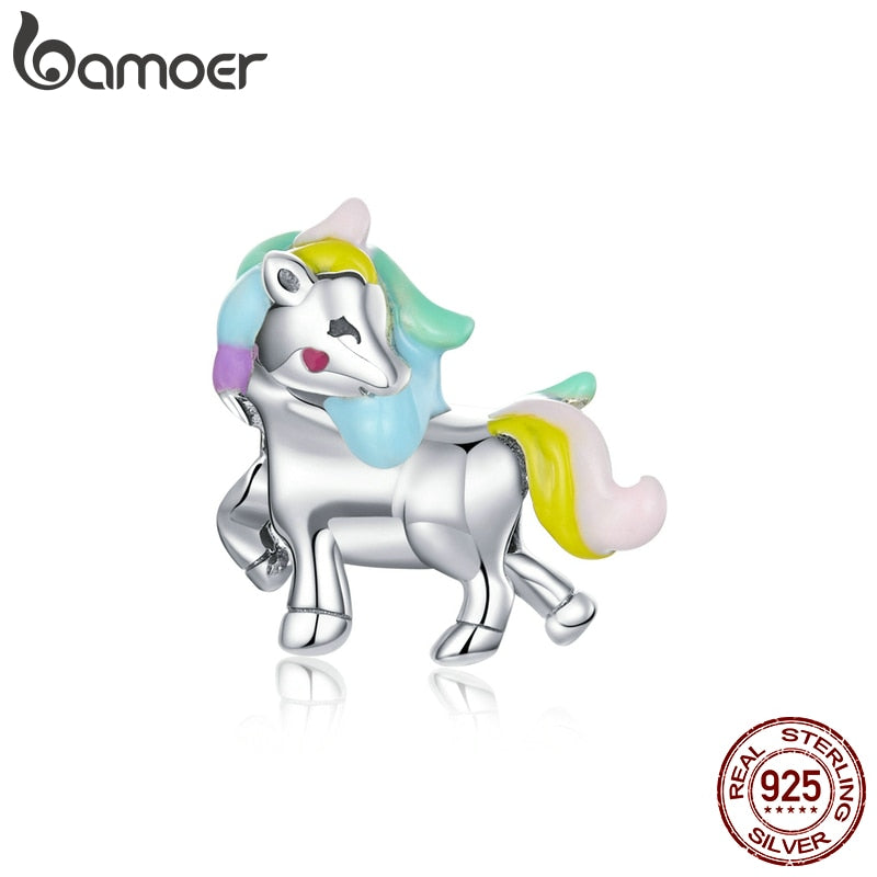 bamoer Real 925 Sterling Silver Fantasy Licorne Animal Hourse Charm for Original 3mm Bracelet&Bangle Enamel Metal Beads SCC1500