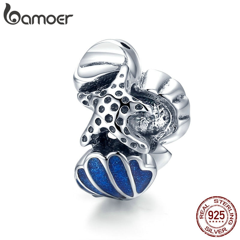 bamoer Shell with Starfish Beads 925 Sterling Silver Ocean Enamel Charm for Original Silver Bracelet or Bangle Jewelry SCC1536