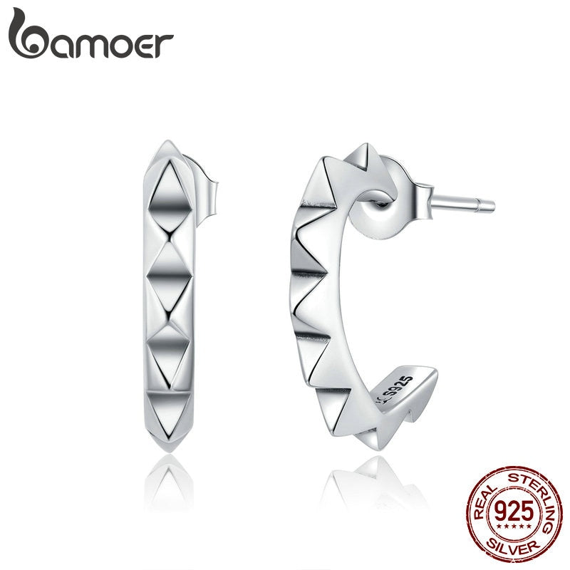 bamoer 925 Sterling Silver Heart-shape Rivet Stud Earrings for Women and Men Punk Style Silver Fine Jewelry  Studs SCE903