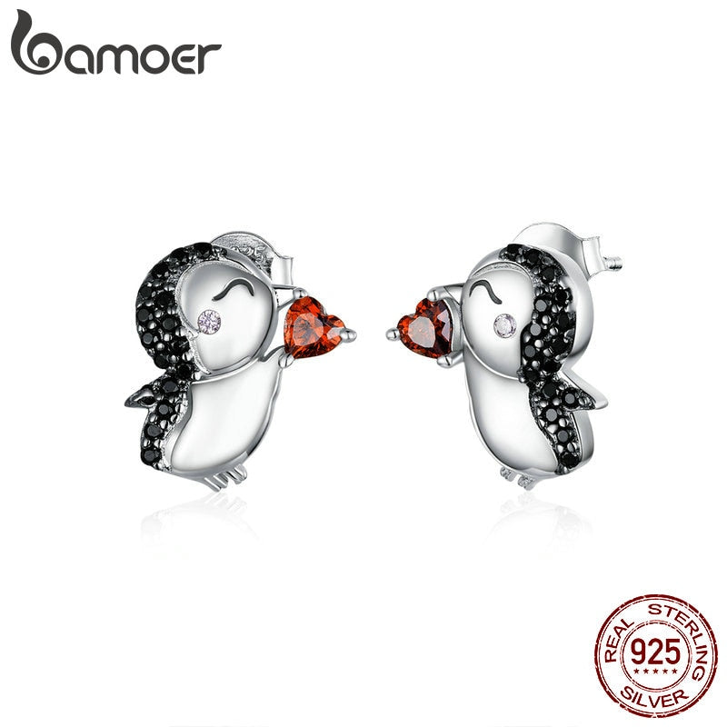 bamoer Penguins Couple Stud Earrings for Women Black CZ Stone 925 Sterling Silver Animal Studs Jewelry New Brincos BSE383