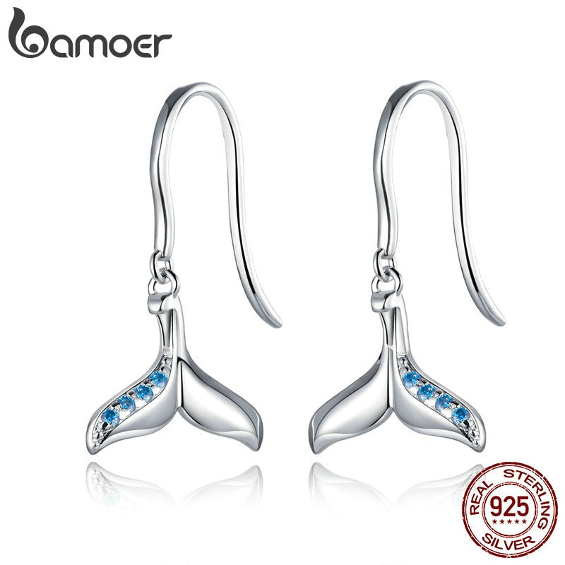 bamoer 925 Sterling Silver Fish Tail Dangle Earrings for Women Blue mysteries Mermaid Earrings Gift for Girl Brincos BSE407