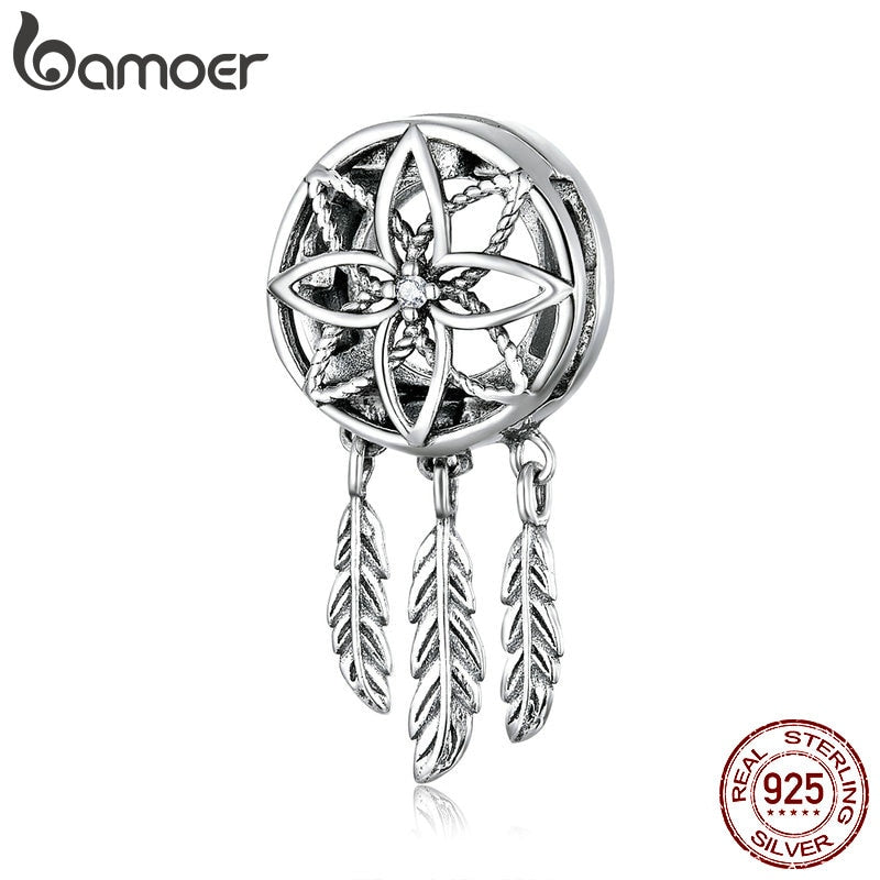 bamoer 925 Sterling Silver Bohemia Style Dream Catcher Feather Clips Charm for Reflexion Belt Bracelet for Women Jewelry SCX115