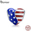 bamoer Genuine 925 Sterling Silver Blue Enamel Stars and Stripes Heart Charm for Original Silver Bracelet America Jewelry BSC281