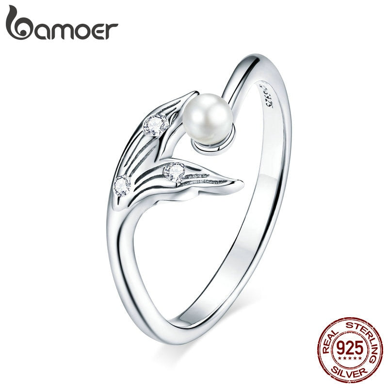 bamoer Genuine 925 Sterling Silver Fish Tail Adjustable Finger Rings for Women Free Size Pearl Jewelry Bijoux 2020 Summer BSR124