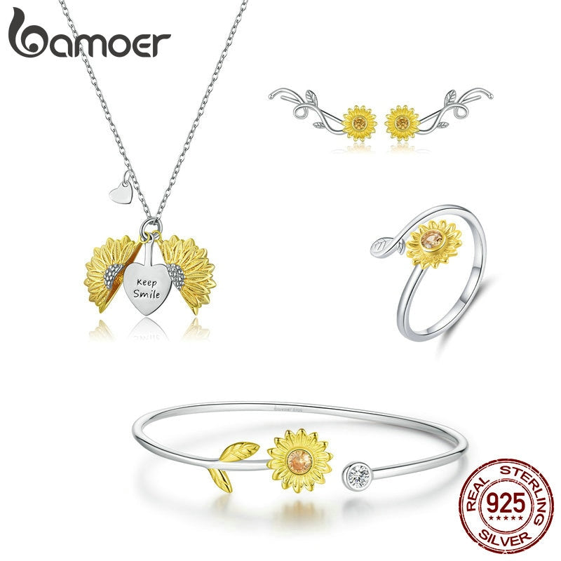 bamoer Gold Color Sunflower Necklace and Bangle  Studs Earrings  Rings Jewelry Sets for Women Wedding Statement Jewelry ZHS200