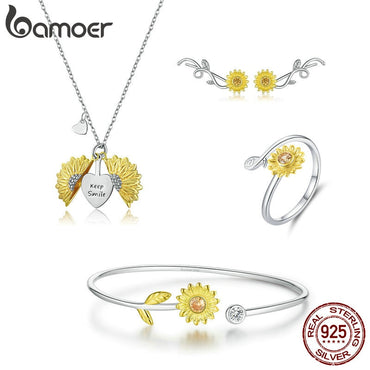 bamoer Gold Color Sunflower Necklace and Bangle  Studs Earrings  Rings Jewelry Sets for Women Wedding Statement Jewelry ZHS200
