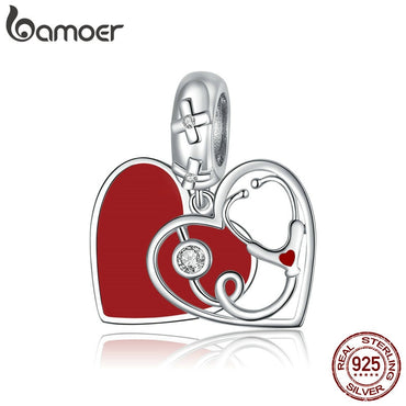 bamoer Authentic 925 Sterling Silver Stethoscope with Heart Pendant Charm for Original Silver Bracelet Necklace Jewelry BSC308