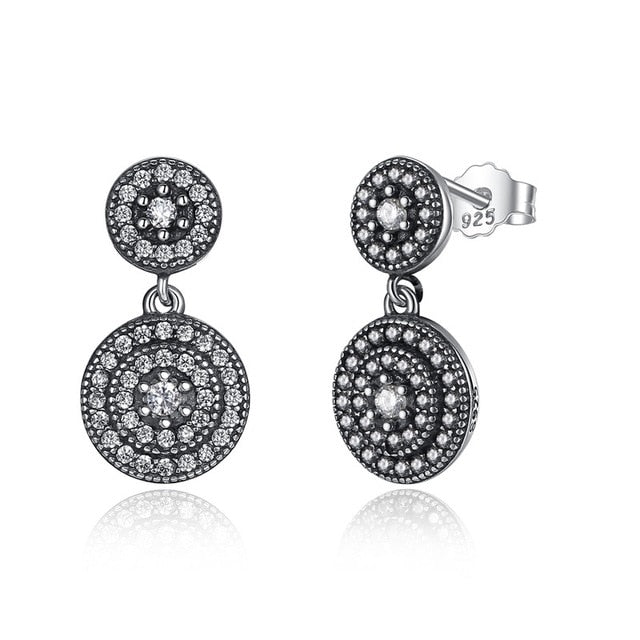 BAMOER 925 Sterling Silver Radiant Elegance Earrings Clear CZ Crystals Surrounded Ancient Silver Women Drop Earings PAS471