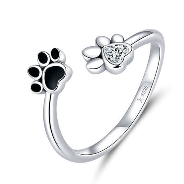 bamoer Sterling Silver 925 Black Enamel Dog Paw Open Adjustable Finger Rings for Women Anti-allergy Jewelry Accessories SCR605