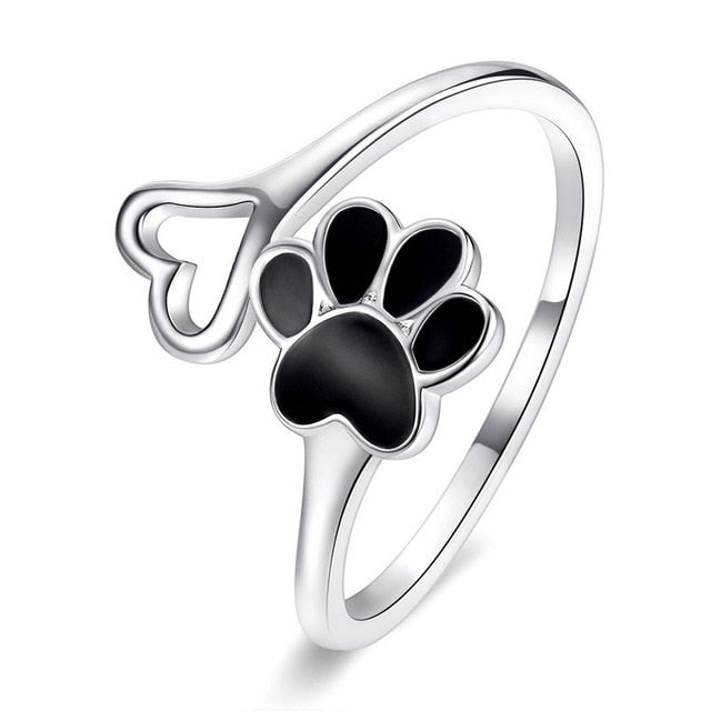 bamoer Sterling Silver 925 Black Enamel Dog Paw Open Adjustable Finger Rings for Women Anti-allergy Jewelry Accessories SCR605
