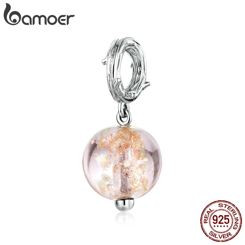 bamoer 100% 925 Sterling Silver Golden Murano Beads Pendant Charm for Women Original Silver Bracelet or Neckalce Jewelry SCC1496
