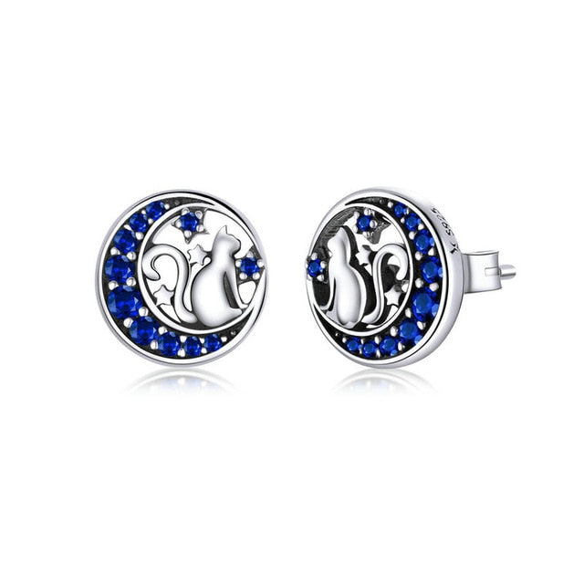 bamoer Genuine 925 Sterling Silver Cat on the Moon Round Stud Earrings for Women Ear Pins Fine Jewelry 2020 New SCE880