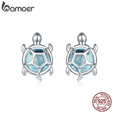 bamoer Ocean Blue Turtles Stud Earrings for Women 925 Sterling Silver Glass and CZ Studs Jewelry Girl Birthday Gifts BSE406
