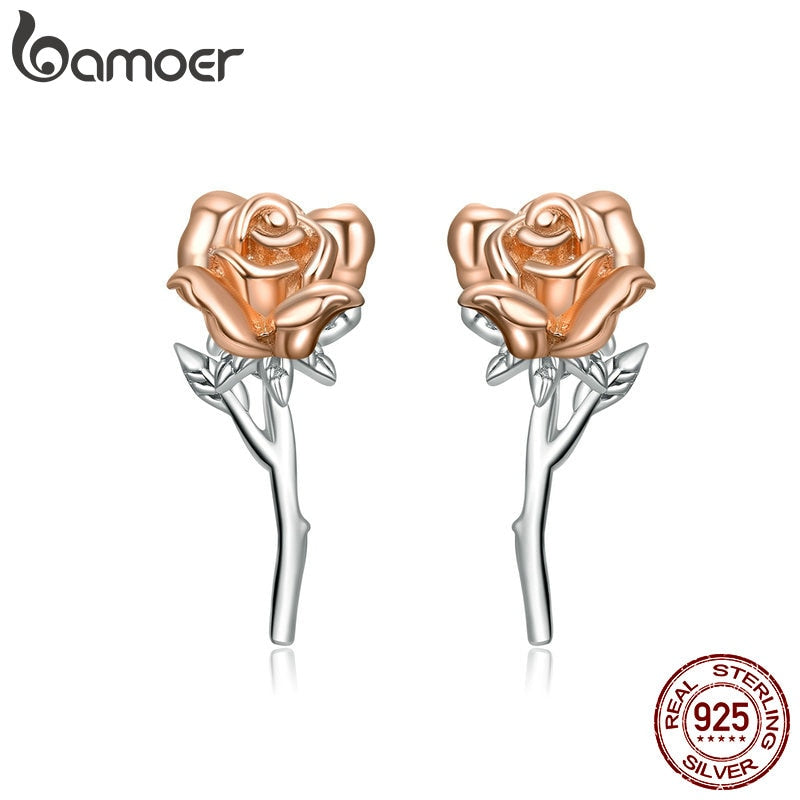 bamoer Authentic 925 Sterling Silver Graceful Rose Stud Earrings for Women Plated platinum Silver Jewelry BSE413