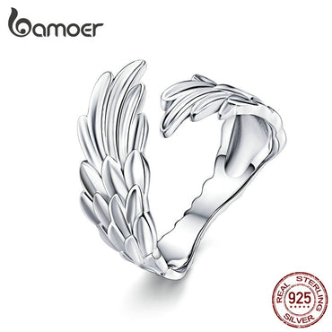 BAMOER Guardian Wings Ring Authentic 925 Sterling Silver Free Size Adjustable Finger Rings for Women Fashion Jewelry SCR512
