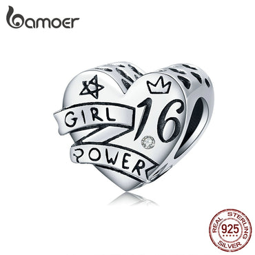 bamoer Original Desing 925 Sterling Silver 16 Years Old Charm for Bracelet Bangle Birthday Gifts Girl Power Jewelry SCC1437